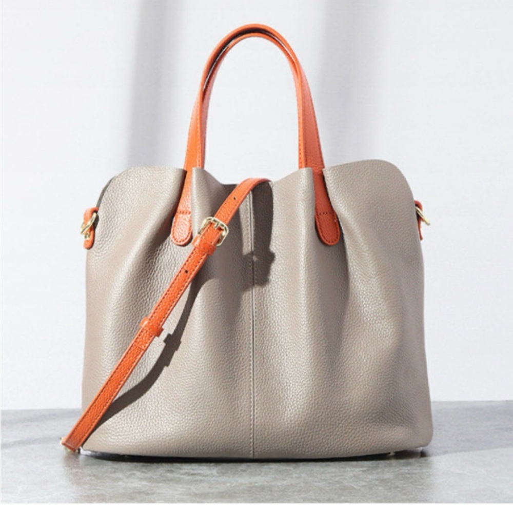 Taupe Leather Tote with Orange Accent Strap